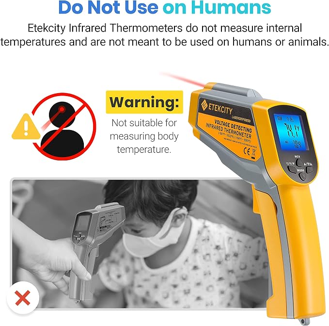 Etekcity Infrared Thermometer 1025D (Not for Human) Dual Laser Temperature Gun-58℉~1022℉ (-50℃~550℃) with Adjustable Emissivity, Non-Contact Voltage Tester (NCV), Standard Size, Yellow & Gray | Pizza Oven, Griddle, BBQ, Meat, HVAC, Engine, Electricians...