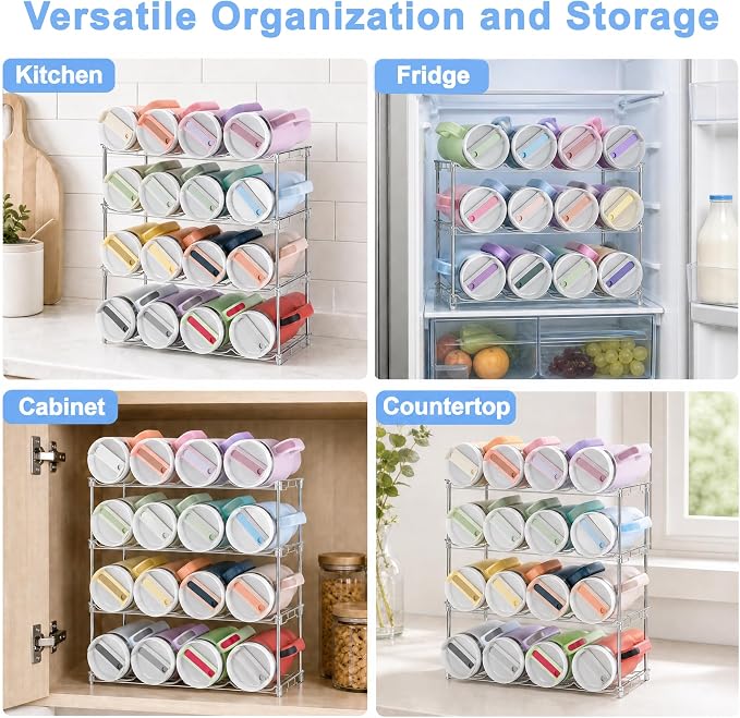 Stackable Water Bottle Organizer for Cabinet for Stanley 40 oz Tumbler | Large Compartment Tumbler Organizer, Stanley Cup Organizer Holder, Kitchen Countertop Organization & Storage, 3 Pack