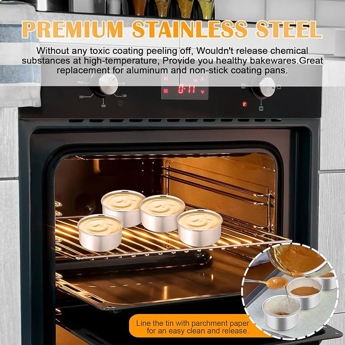 P&P CHEF 4 Inch Cake Pan Set of 4, Stainless Steel Round Cake Pans Tins | Baking Round Cake Bakeware for Birthday Wedding, Leak-proof & Mirror Finish & Easy Releasing, Dishwasher Safe