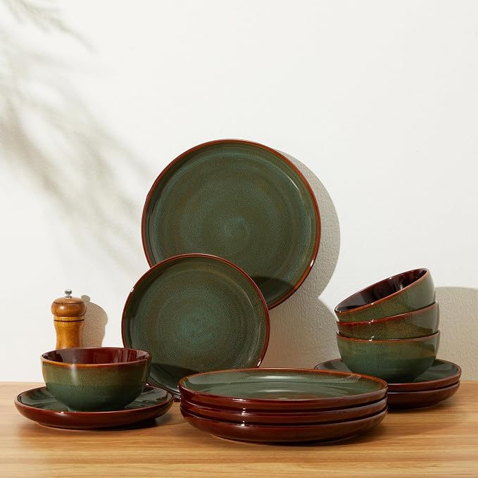 Stoneware Dinnerware Sets, Ceramic Plates and Bowls Set, Microwave & Dishwasher Safe Kitchen Dishes, Modern Dinner Salad Plates | Cereal Bowls, Dishware Sets Service for 4 Sage Green