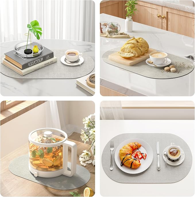 DOLOPL Oval Placemats Set of 6, Gray Faux Leather Table Place Mats | Reversible, Wipeable & Washable, Heat Resistant, Waterproof, 17"x11.8", Modern Neutral Style for Kitchen, Dining Table