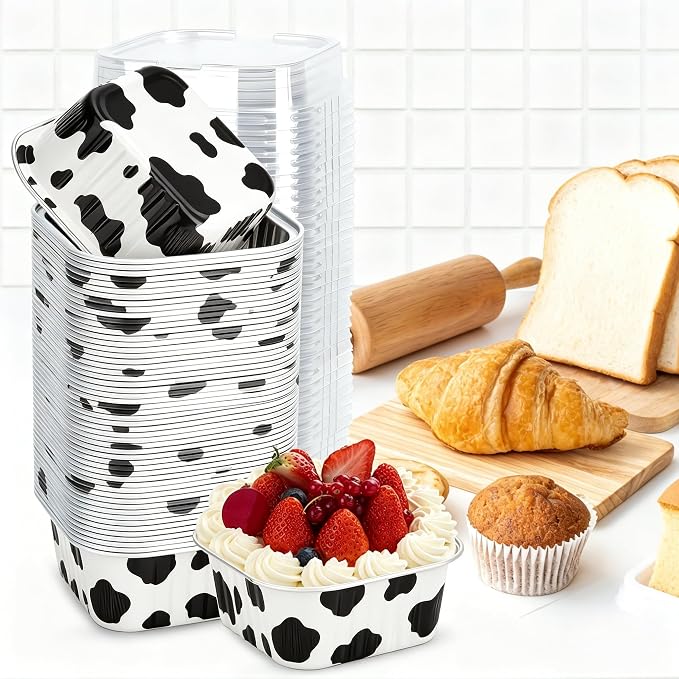 60Pack 5oz Cow Mini Cake Pans with Lids Baking Cups Aluminum Foil Pans Tins, Individual Dessert Cups Containers for Sales,Party,Picnics