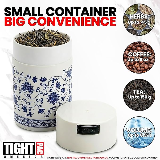 Tightpac America, Inc. Teavac 6-Ounce Vacuum Sealed Tea Storage Container, White Floral Design