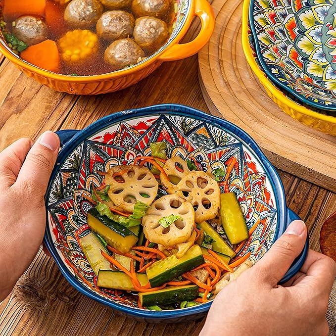 2 Pack Boho Ceramic Serving Bowls with Handles, 40 Oz Porcelain Salad Bowls, Large Serving Dishes for Entertaining, Mixing Bowls for Soup, Stew, Pasta, Cereal, Colorful Embossed Cute Bowls Set ALDS