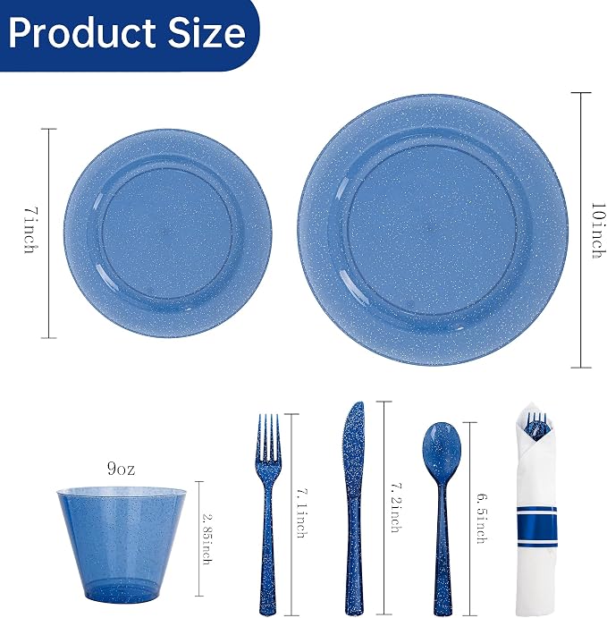 DaYammi 350 Pieces Cobalt Blue Glitter Dinnerware Set 50 Guest for Party- 50 Dinner Plates, 50 Dessert Plates -50 Per Rolled Napkins with Blue Cutlery - 50 Disposable Cups 9 OZ