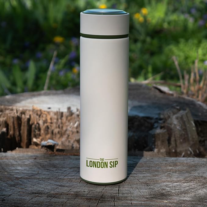 London Sip 16.9 oz Multi-Purpose Tea Infuser Mug – Fruit Infuser Water Bottle for Hot and Cold – Double Wall Stainless Steel Insulated, Safari Beige