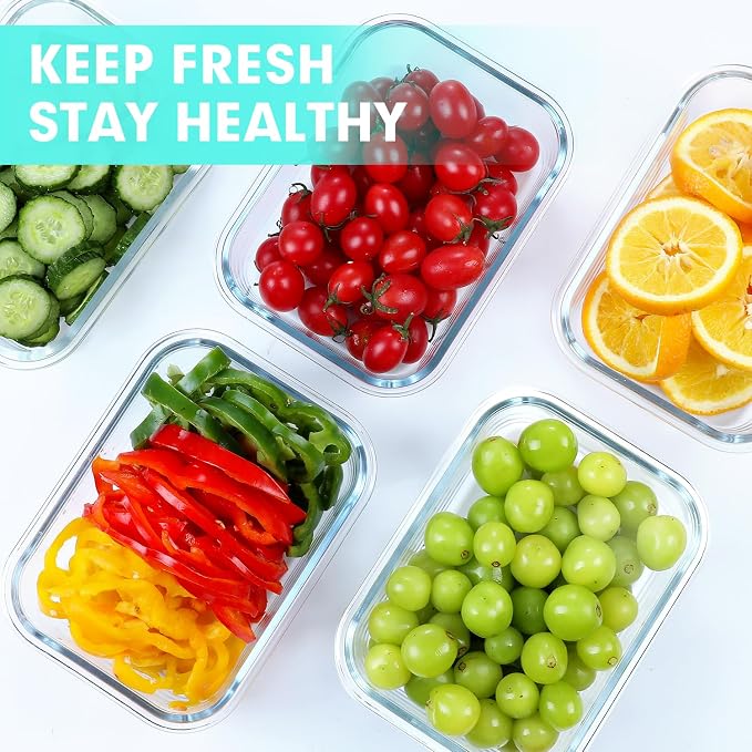 VERONES 5 PACK 36 OZ Glass Meal Prep Containers Set with Lids, Green | Airtight Glass Lunch Containers Set, Food Storage Containers with Lids, for Microwave, Oven, Freezer & Dishwasher Friendly