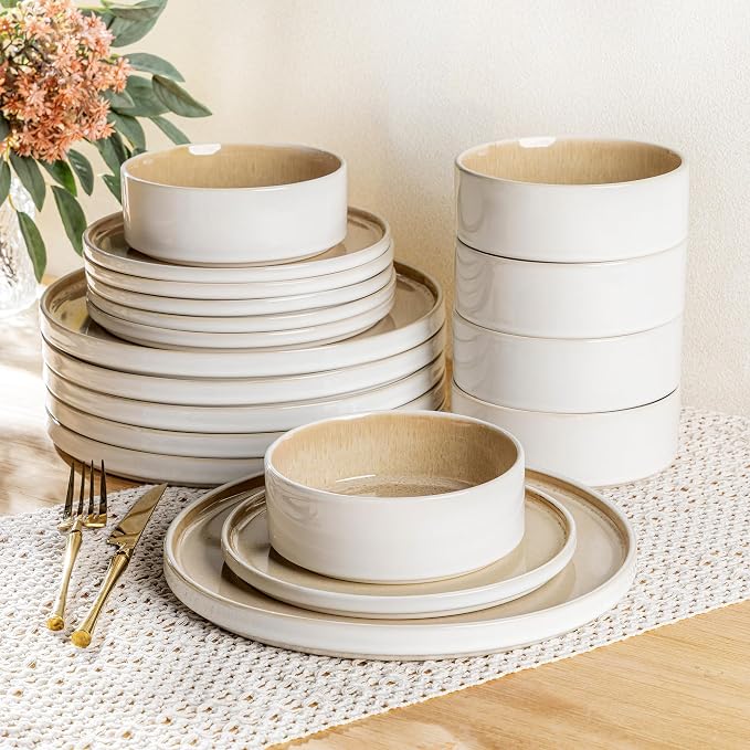 AmorArc Ceramic Dinnerware Sets for 8,24 Piece Plates and Bowls Sets Dishes | Stoneware Handmade Reactive Glaze Dishes Set | Highly Chip and Crack Resistant | Dishwasher & Microwave Safe