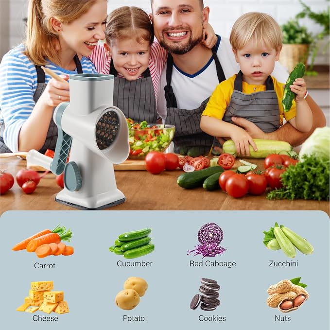 Rotary Cheese Grater hand crank 3 blades with Stronger Suction Base | Stainless Steel Blades for Fruits, Vegetables, Nuts. Dishwasher Safe & Easy to Clean, White
