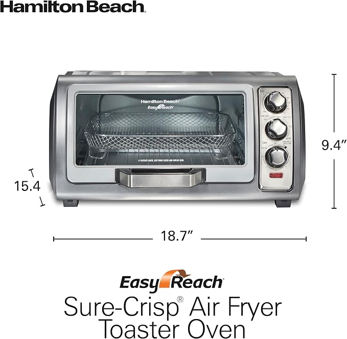 Hamilton Beach Easy Reach 6 Slice Countertop Air Fryer Toaster Oven Combo | Roll-Top Door For Easy Access | Bake, Broil & Toast Functions | 150 to 450ºF Adjustable Temp | Auto Shutoff | Stainless Steel