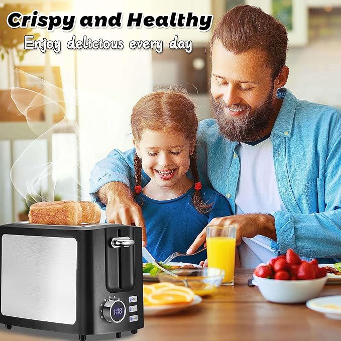 Toaster 2 Slice Wide Slot Toaster Best Rated Prime Display Smart Toasters with LCD Digital Countdown Timer and Bagel/Defrost/Cancel/Reheat Function