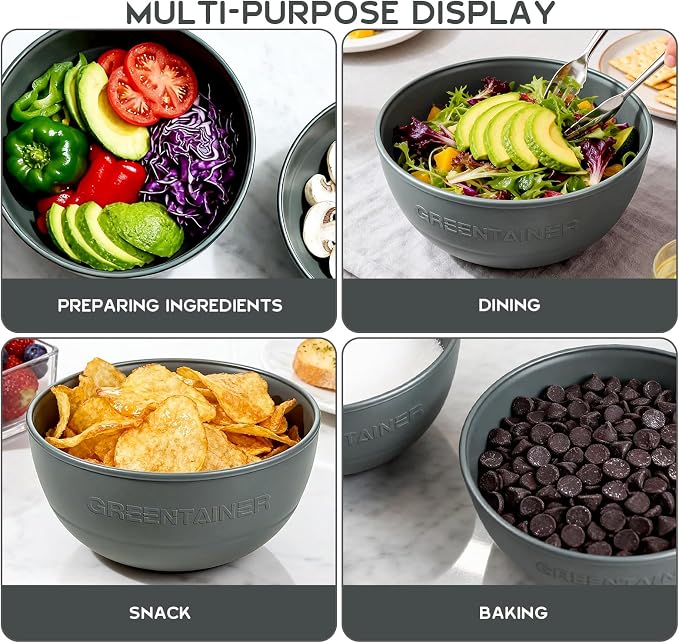 Greentainer 3 Pack Large Plastic Bowls, 135oz Plastic Salad Bowls - Reusable Serving Bowls for Party, Picnic, Entertaining, Kitchen & Outdoor, Microwave & Dishwasher Safe (Grey)
