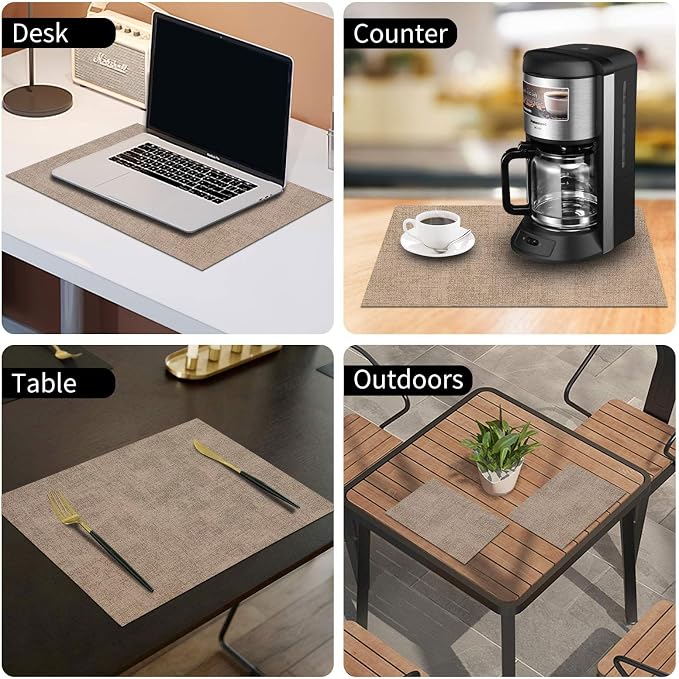 Faux Leather Heat Resistant Placemats 12 Packs, Waterproof Wipeable Dining PU Place Mats for Indoor & Outdoor, Easy to Clean, Camel