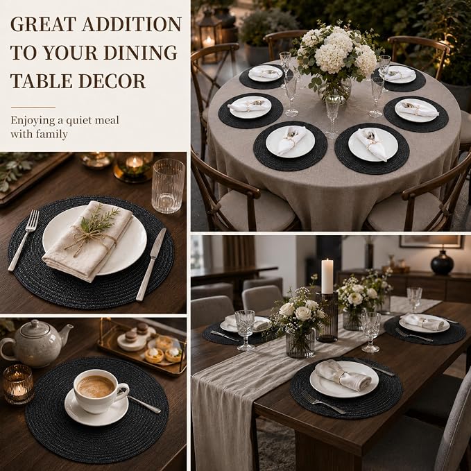 TaroKitc 15 in Round Placemats Set of 6, Washable Woven Braided Dining Table Mats, Heat Resistant Non-Slip Circle Place Mats for Kitchen Home Party Table Decor, Indoor & Outdoor - Black