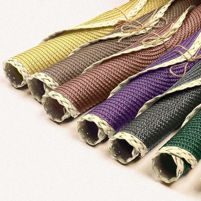 Round Placemats Set of 6, Woven Table Mats, Thin Edge, Chestnut Brown | Braided Paper Edge, 15 Inch Diameter, Fits Dinner Plate and Flatware, Wipeable, Heat Resistant, Indoor Dining, Outdoor Patio