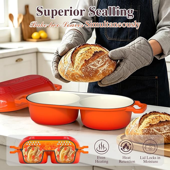 Umite Chef Complete Mini Double Dutch Oven Kit for Sourdough Bread – Enameled Cast Iron Bread Pan with Deep Dual Loaf Pots, Includes 5" Banneton Basket & Cotton Potholders, 500°F Oven Safe (Orange)