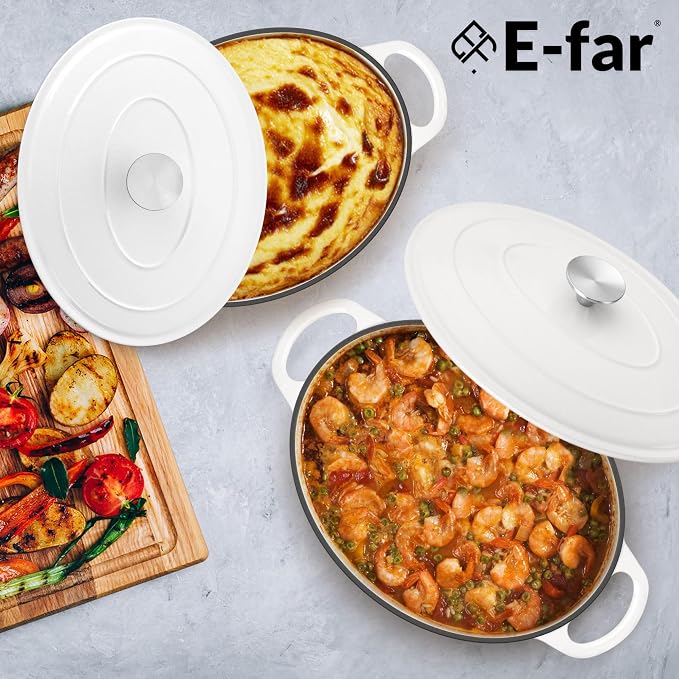 E-far 7QT Oval Dutch Oven Pot with Lid, Enameled Cast Iron Dutch Oven with Dual Handles for Sourdough Bread Baking Cooking, Nonstick Enamel Coated Cookware(White), Non-Toxic & Easy Clean