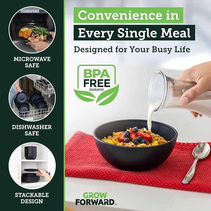 Grow Forward 24-piece Premium Wheat Straw Dinnerware Sets for 8 - Unbreakable Dishwasher & Microwave Safe Plastic Plates and Bowls Sets - Patio, Outdoors, RV, Camping Dishes - Midnight
