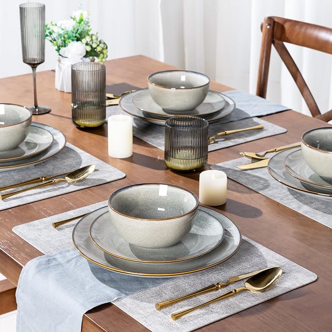 GBHOME Dinnerware Sets for 4, 12 Pieces Ceramic Plates and Bowls Set | Scratch Resistant Stoneware Dishes Set, Dishwasher & Microwave Safe, Reactive Glaze-Green Wheat