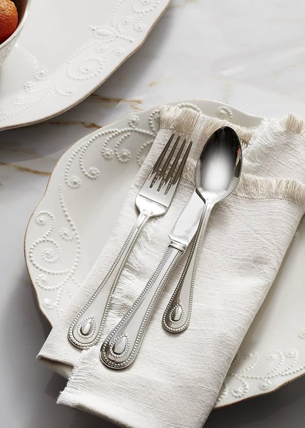 Lenox French Perle White Stoneware 16-Piece Dinnerware Set for 4 | dishwasher safe, microwave safe | plates and bowls sets for kitchen and dining, dish set, dishes, gift for women