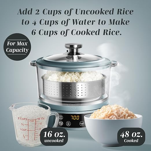 COOK WITH COLOR Glass Mini Low Carb Rice Cooker – Holds 2 Cups Raw/Makes 6 Cups Cooked with Auto Lift Filter Basket, Hotpot & Steamer for Rice, Grains, Digital Panel with Keep Warm, Slate Blue