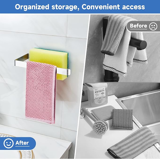Sponge and Dish Cloth Holder for Kitchen Sink, 2 in 1 Adhesive Sink Dish Sponge Holder, Sinks Caddy Organizer Rack for Storage Sponges Scrubber Glove and Brush, Silver