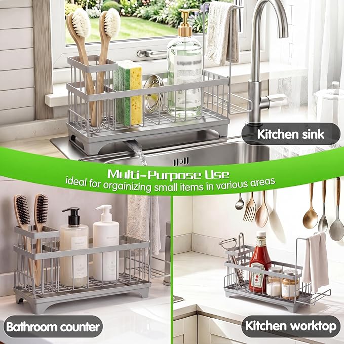 VOOWO Sponge Holder for Kitchen Sink, Compact Sink Caddy with Brush Holder | 304 Rustproof Stainless Steel Dish Soap Holder, Small Kitchen Sink Organizer, Self-Draining Dish Wand Holder with Towel Rack