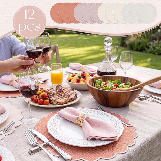 Set of 12 Neutral Cotton Placemats 15" Round Scalloped | Double Layered Cotton Fabric, Washable Embroidery, Classic Edge, Rustic Table Mats for Wedding Dining Table Decor