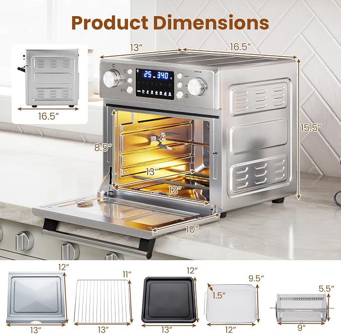 COSTWAY 14-in-1 Air Fryer Toaster Oven Combo | 1700W Dual Cook & 26 QT Large Capacity Stainless Steel Countertop Convection Oven LED Display, 7 Accessories
