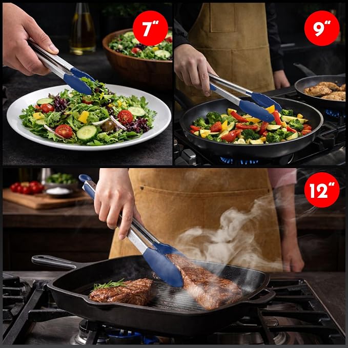 Kitchen Tongs - 12, 9 & 7 Inch Locking Silicone Tongs for Cooking, Set of 3 | Blue Tongs with Silicone Tips, Heat Resistant Tongs for Grilling, Serving, Mixing