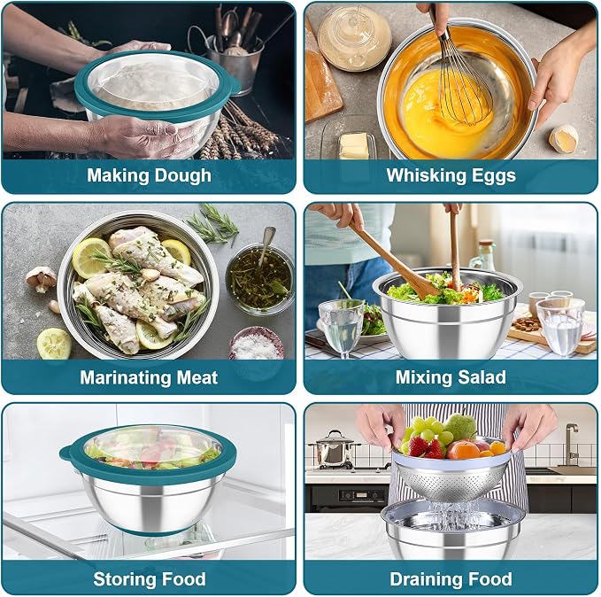 TeamFar Mixing Bowls with Colander, Stainless Steel Salad Bowls, Blue | 4.6/ 3/ 1.5 QT Nesting Bowls Rotatable Fruit Strainer, with Lids & 3 Graters, Non-Slip Bottom & Visible Lid, Dishwasher Safe