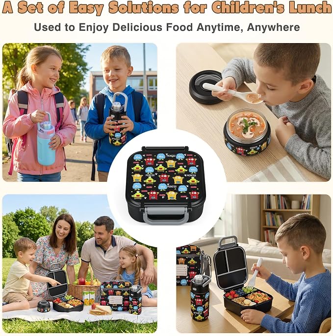 Bento Lunch Box for Kids with 7oz Soup Thermo,Insulated Stainless Steel Kids Water Bottle with Straw and Insulated Lunch Bag,Leak-Proof Lunch Food Container with Ice Pack for School(Black-Cute)