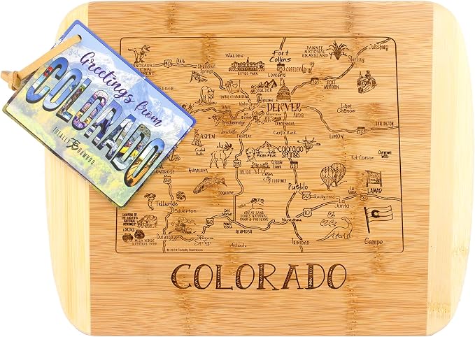 Totally Bamboo A Slice of Life Colorado Engraved Map Cutting Board | 11” x 8.75” charcuterie board with engraved state map artwork. Smooth reverse side for food prep. Hang tie for wall display.