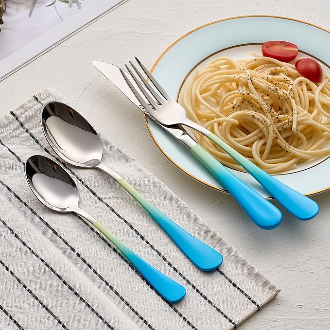 Colorful Silverware Set 20 Piece 18/0 Stainless Steel Flatware Blue and Yellow Handle Cutlery Set Service for 4 Fork Knife Spoon Set Mirror Finish Dishwasher Safe