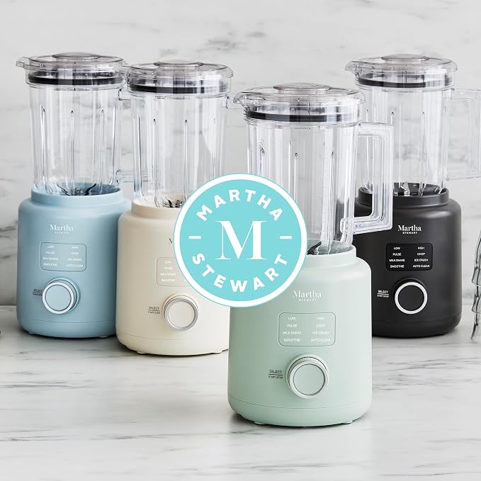 Martha Stewart 50oz Countertop Blender, 3 Speeds, 5 Presets, Honeydew Sage | BPA-Free Pitcher, Smoothies, Margaritas, Milkshakes & Ice Crushing, Stainless Steel Blades, Auto-Clean, Dishwasher-Safe Parts