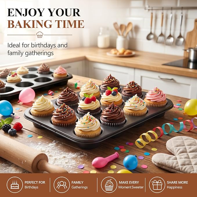 E-far 12-Cup Muffin Pan, 2 Pack Nonstick Carbon Steel Cupcake Pan Tin Tray | Metal Bakeware Muffin Baking Tins for Oven, Standard Size, Ideal for Muffins, Cake Tart, Brownies, Easy Clean & Non-toxic