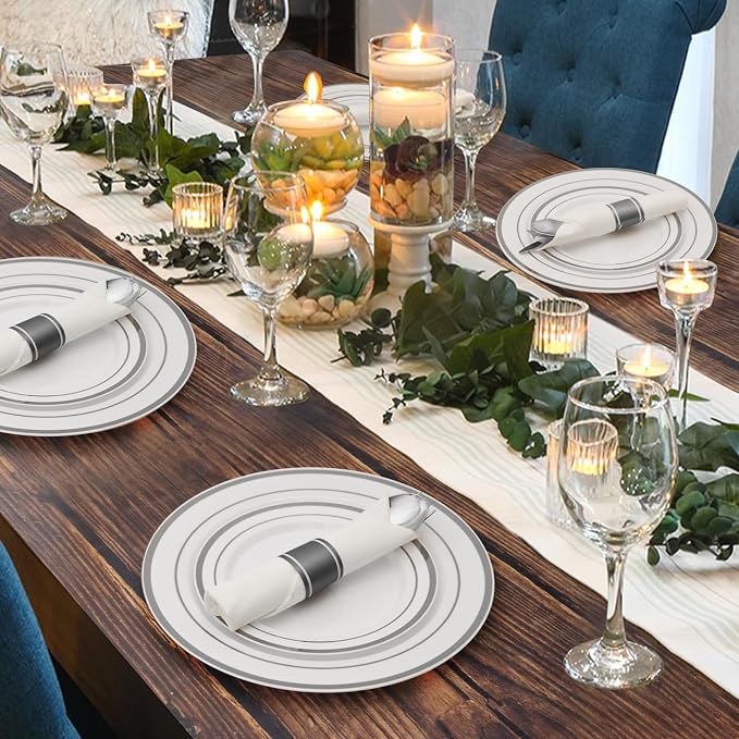 490 Piece Silver Plastic Dinnerware Set for 70 Guests | Disposable Dinnerware Includes: 70 Dinner Plates, 70 Dessert Plates, 70 Pre Rolled Napkins with Silverware, 70 Cups