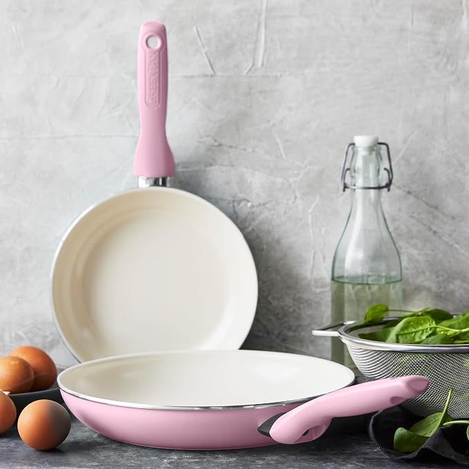 GreenPan Rio Hard Anodized Healthy Ceramic Nonstick, 7" 9.5" and 11" 3 Piece Frying Pan Skillet Set, Soft Grip Handle, PFAS-Free, Dishwasher Safe, Oven Safe, Pink