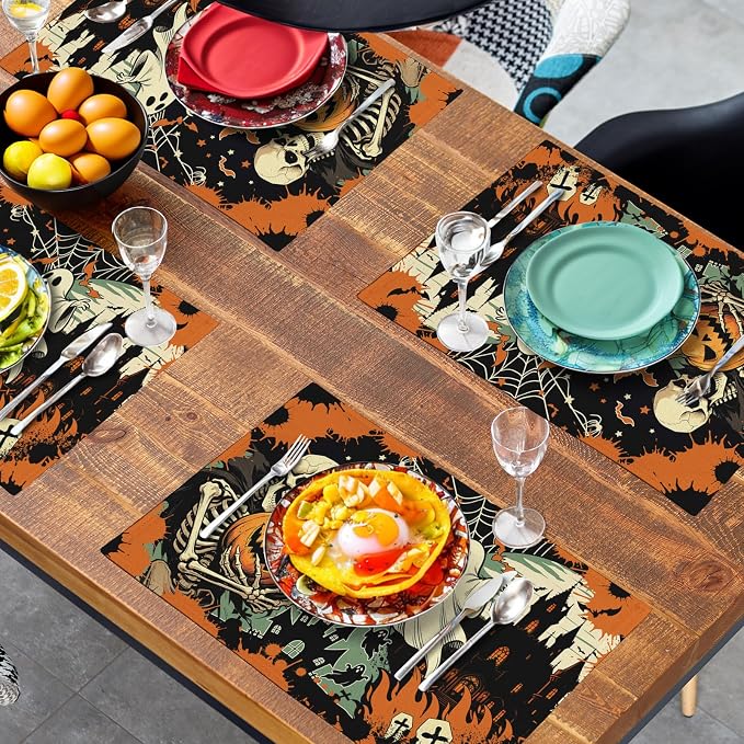 Halloween Skeleton Ghost Placemats Set of 4 12x18 Inch Spooky Pumpkin Bat Table Mats Vintage Rustic Farmhouse Place Mats for Party Kitchen Dining Decor