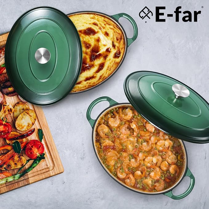 E-far 5QT Oval Dutch Oven Pot with Lid, Enameled Cast Iron Dutch Oven | with Dual Handles for Homemade Sourdough Bread Baking, Nonstick Enamel Coated Cookware, Non-Toxic & Easy Clean, Dark Green