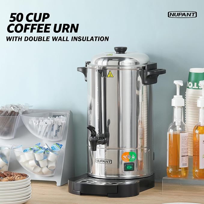 NUPANT Commercial Coffee Urn 50 Cup/8L Coffee Dispenser with Upgraded Percolator, Double Wall 304 Stainless Steel Hot Water Urn Beverage Dispenser, Keep Warm Large Coffee Maker for Catering Party