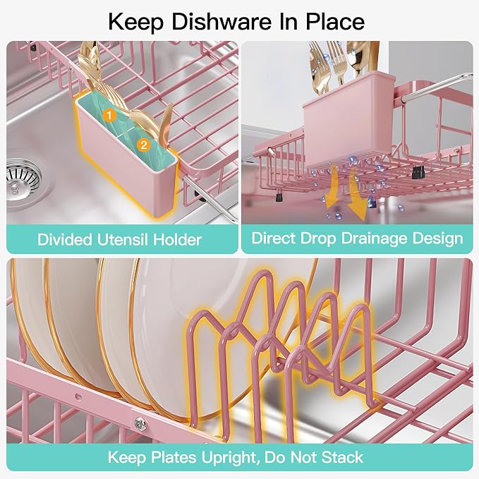 JASIWAY Pink Dish Drying Rack Over the Sink with Utensil Holder | Expandable Stainless Steel Dish Driainers for Small Kitchen, Counter Space Saving, Fast Drain, Rust Resistant, For Apartment
