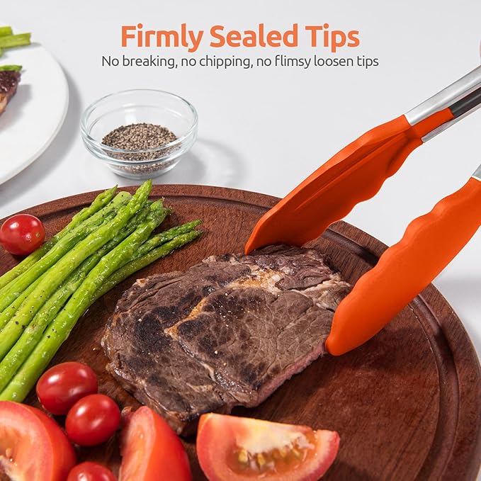 U-Taste Kitchen Tong for Cooking, 600ºF Heat-Resistant Tps, 7in/Orange | Small Mini Silicon Tongs for Serving Food, Short Salad Thong with Non Stick Rubber Tips & 18/8 Stainless Steel Handle