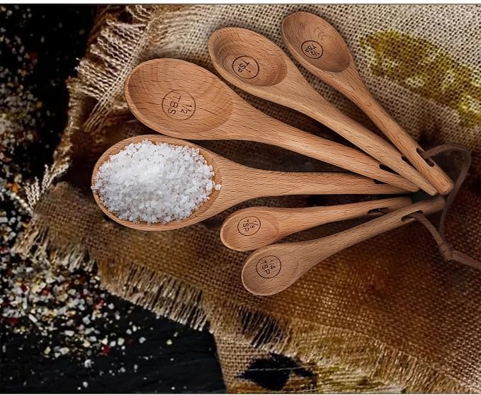 6pcs Measuring Spoons, Natural Beechwood, Gift Set | 1 tbsp, 1/2 tbsp, 1 tsp, 1/2 tsp, 1/4 tsp & 1/8 tsp, For Cooking Baking, Rustic Teaspoon Tablespoon, For Dry Ingredients