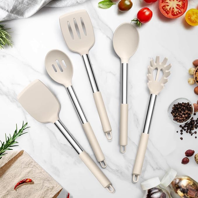 TeamFar Cooking Utensils Set, 5 PCS Silicone Kitchen Utensils, Khaki | Stainless Steel Handle for Nonstick Cookware Turning Flipping Frying Draining, Heatproof & Healthy, Nonstick & Easy Clean