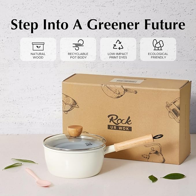 ROCKURWOK Ceramic Nonstick Sauce Pan with Lid, 1.5 Qt Small Pots for Cooking, Small Pot Wooden Handle for Cool Touch, Non Toxic & Pfas-Free Saucepan, Universal Base(Gas, Electric & Induction), White