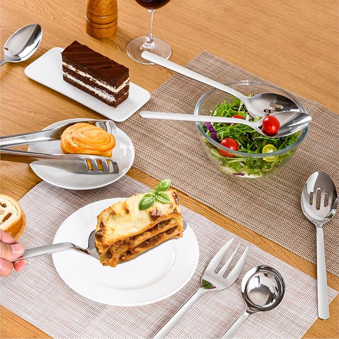 8 piece Large Hostess Serving Utensils Set,18/10 Stainless Steel | Heavy Duty Serving Set, 10-inch Serving Utensils, Slotted Spoons, Forks, Tongs, Cake Pie Server for Buffet, Wedding, Parties