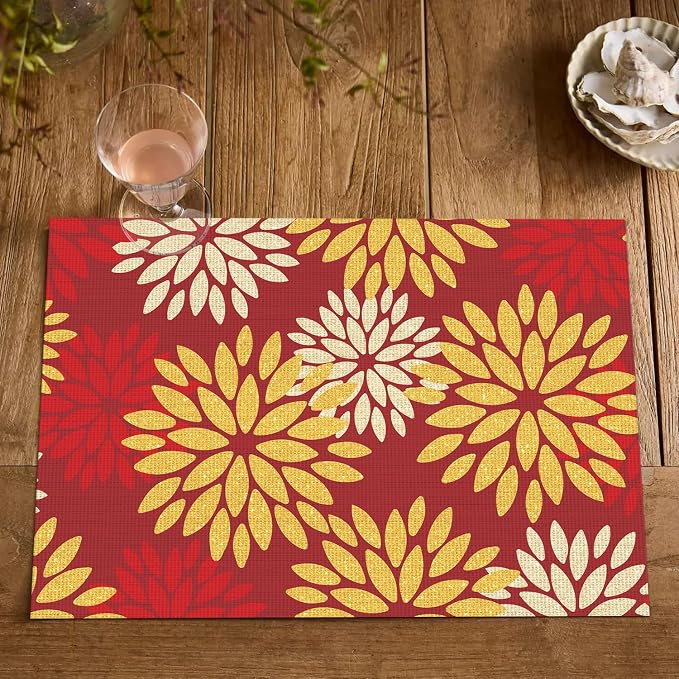 Artoid Mode Floral Vinyl Placemats Set of 6, 12x18 Inch New Year Washable Non-Slip Plastic Vinyl Place Mats for Party Kitchen Dining Decor, Red