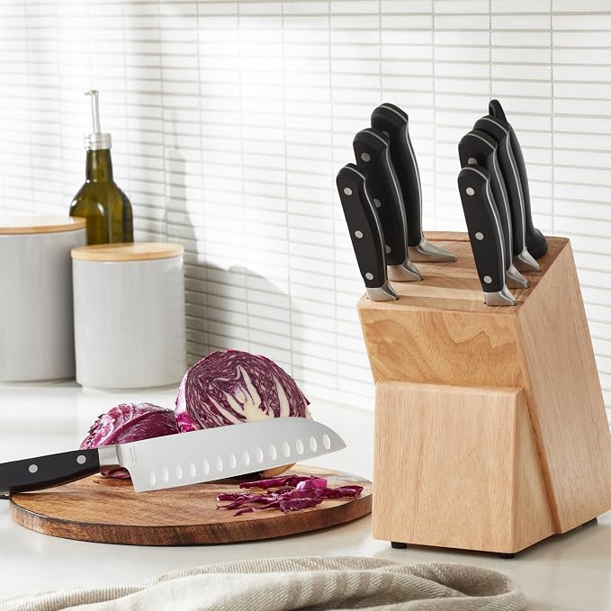 Amazon Basics 9-Piece High-Carbon Stainless Steel Kitchen Knife Set with Ergonomic Handles, Full Tang Construction, Pine Wood Block, Black