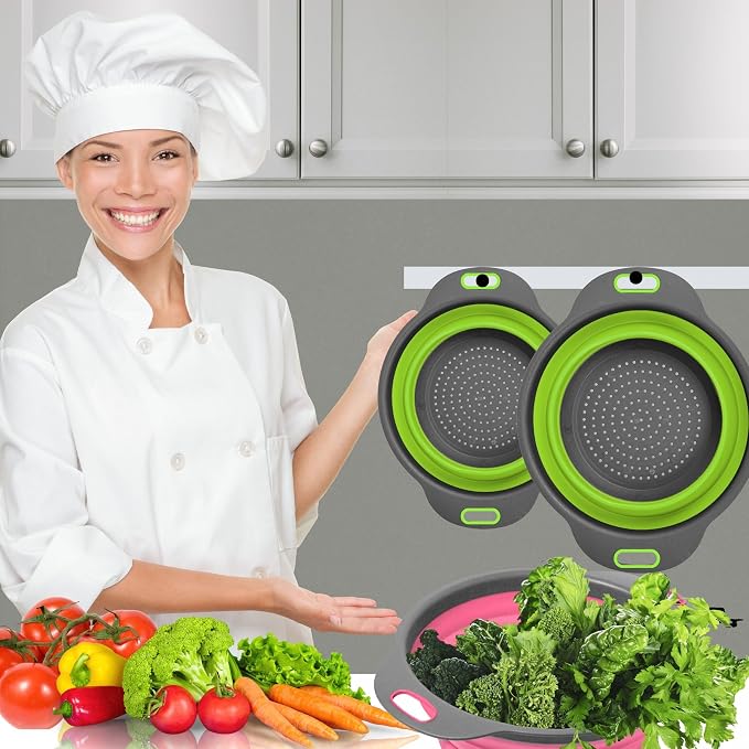 Green Kitchen Strainer Colander Set - 2 PCS Multifunctional Colander Silicone Food Strainers for Kitchen for Pasta and Spaghetti Collapsible with Plastic Handles